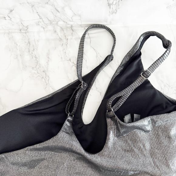 VICTORIA'S SECRET One Shoulder Cut Out High Waist Bikini Set Silver Foil L XL - Picture 8 of 13